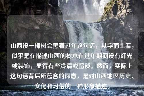 山西没一棵树会黑着过年这句话，从字面上看，似乎是在描述山西的树木在过年期间没有灯光或装饰，显得有些冷清或黯淡。然而，实际上这句话背后所蕴含的深意，是对山西地区历史、文化和习俗的一种形象描述。