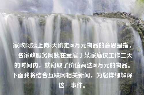 家政阿姨上岗3天偷走30万元物品的意思是指，一名家政服务阿姨在受雇于某家庭仅工作三天的时间内，就窃取了价值高达30万元的物品。下面我将结合互联网相关新闻，为您详细解释这一事件。